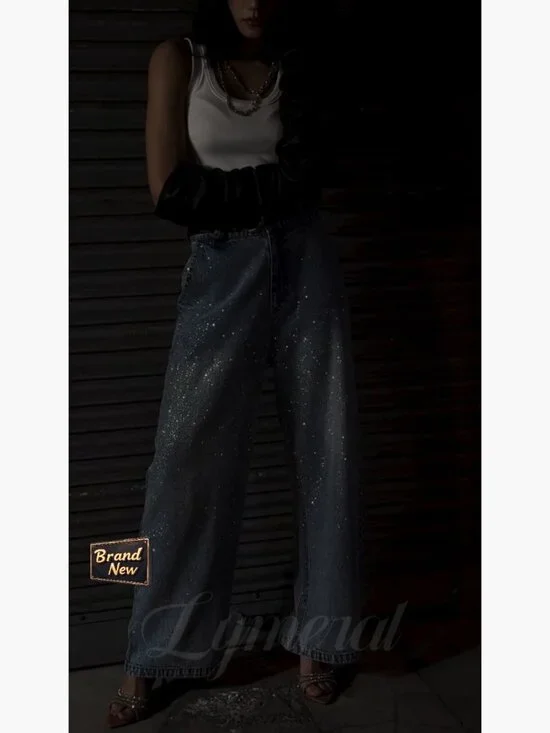 Baggy Sparkle Wide Leg Jeans Rhinestone Denim Pants Women Trendy